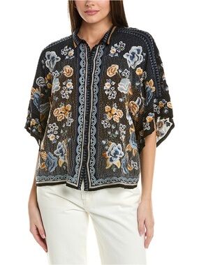 Johnny Was Minerva Heavily Embroidered Floral Tunic Top Blouse Cupra Rayon S